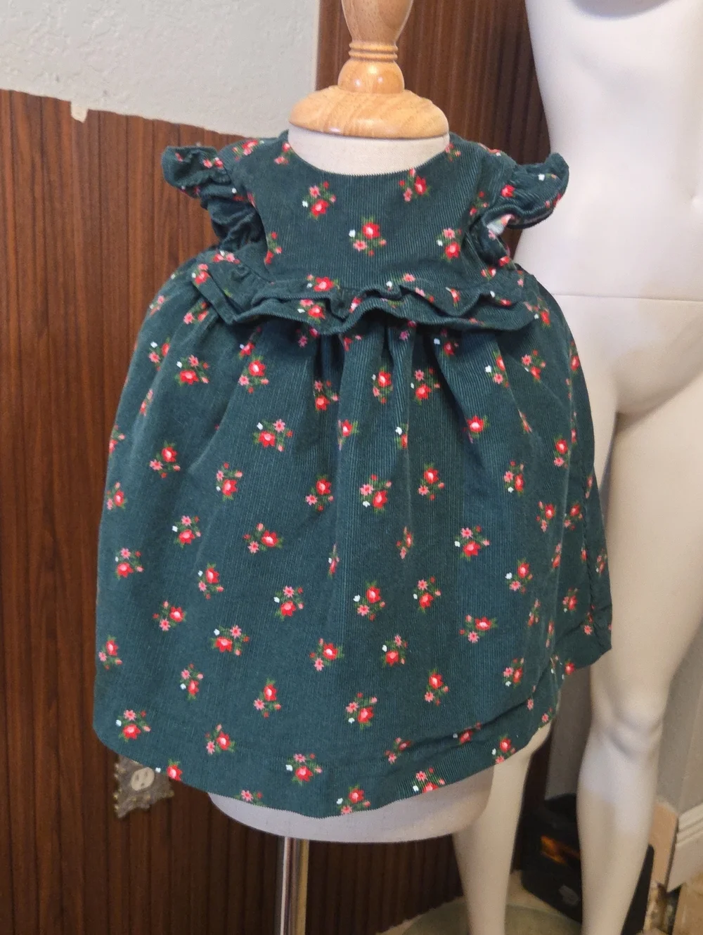 Carter's Green Floral Corduroy Ruffle Dress
